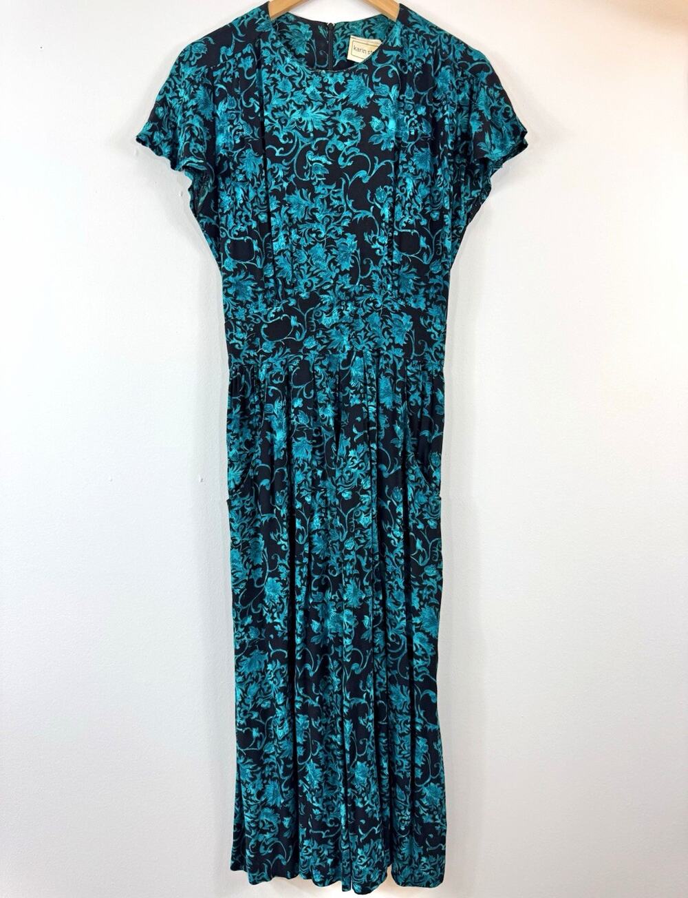 Karin Stevens Womens Size 8 Black teal Floral Maxi Dress Vintage 80s pockets zip
